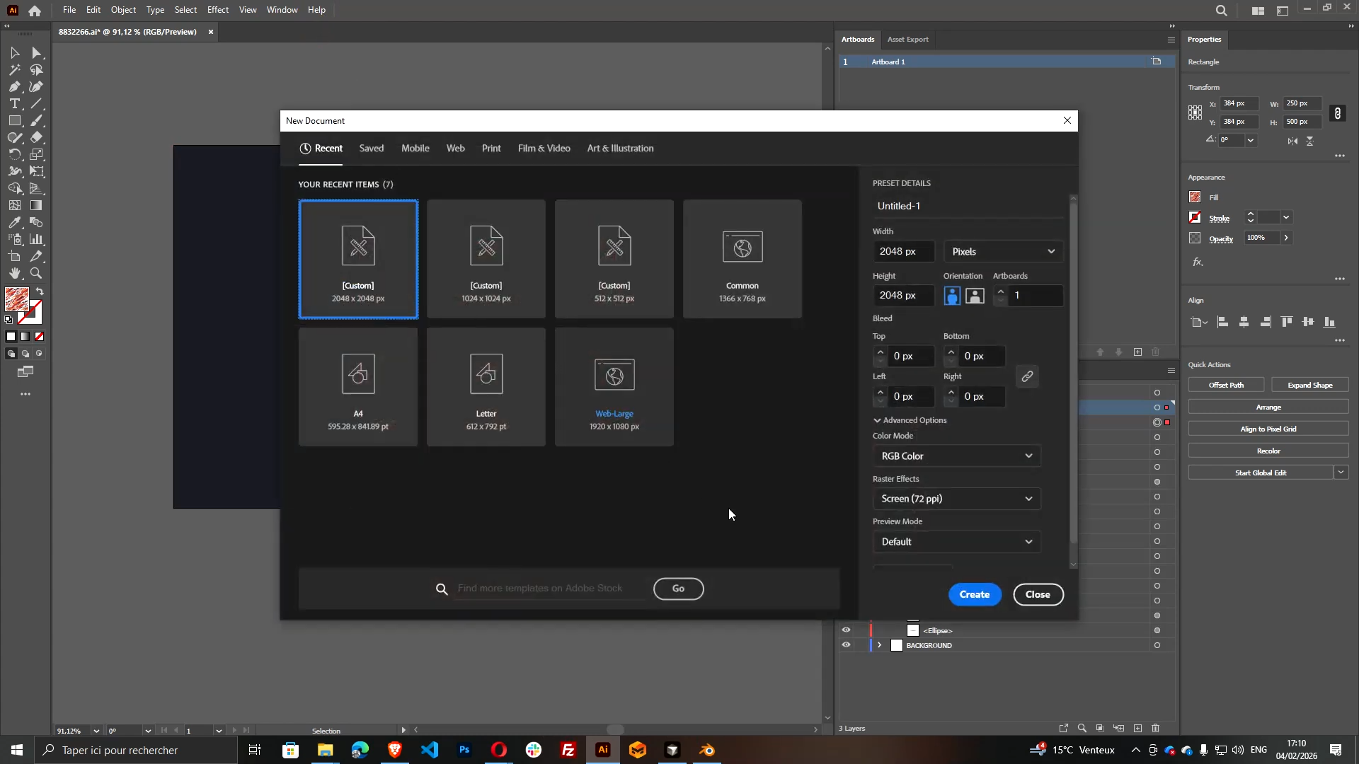 Adobe Illustrator new document setup showing 2048x2048 artboard with UV layout placed